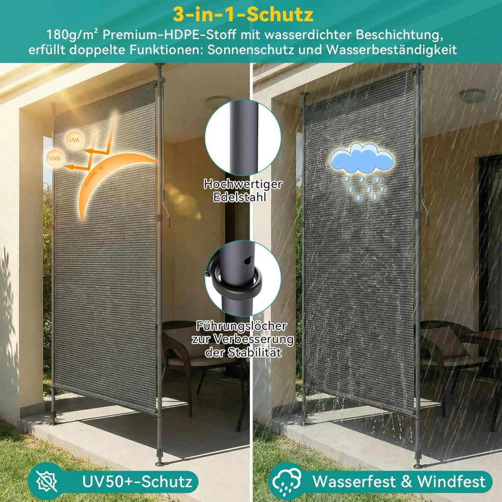 Tenda Verticale HDPE 150×310 cm Grigio, Tenda a Pinza Estensibile, Senza Forare, Privacy, Protezione Solare UV, Antivento, Resistente Alle Intemperie - per Balcone, Giardino, Terrazza