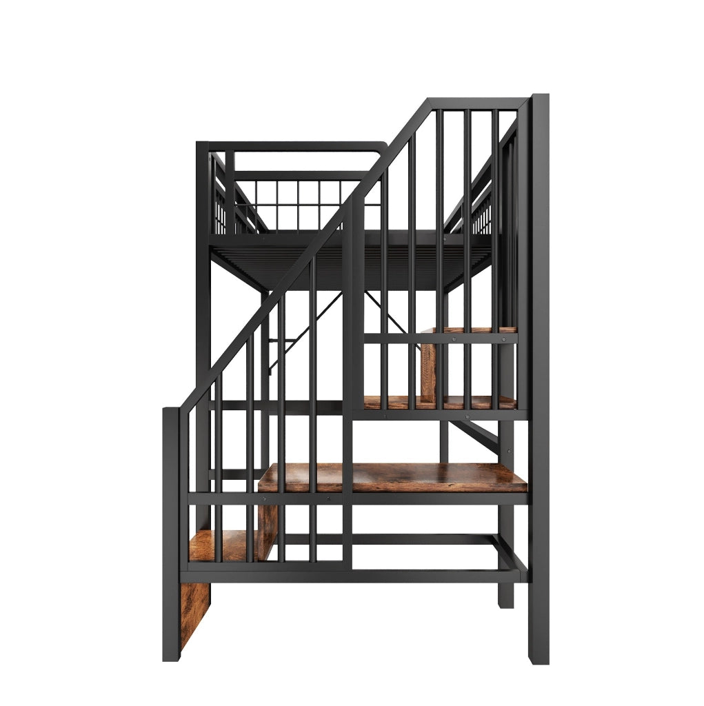 Letto a soppalco 90x200 cm in metallo e MDF con LED controllabile da app e scale con contenitore; nero