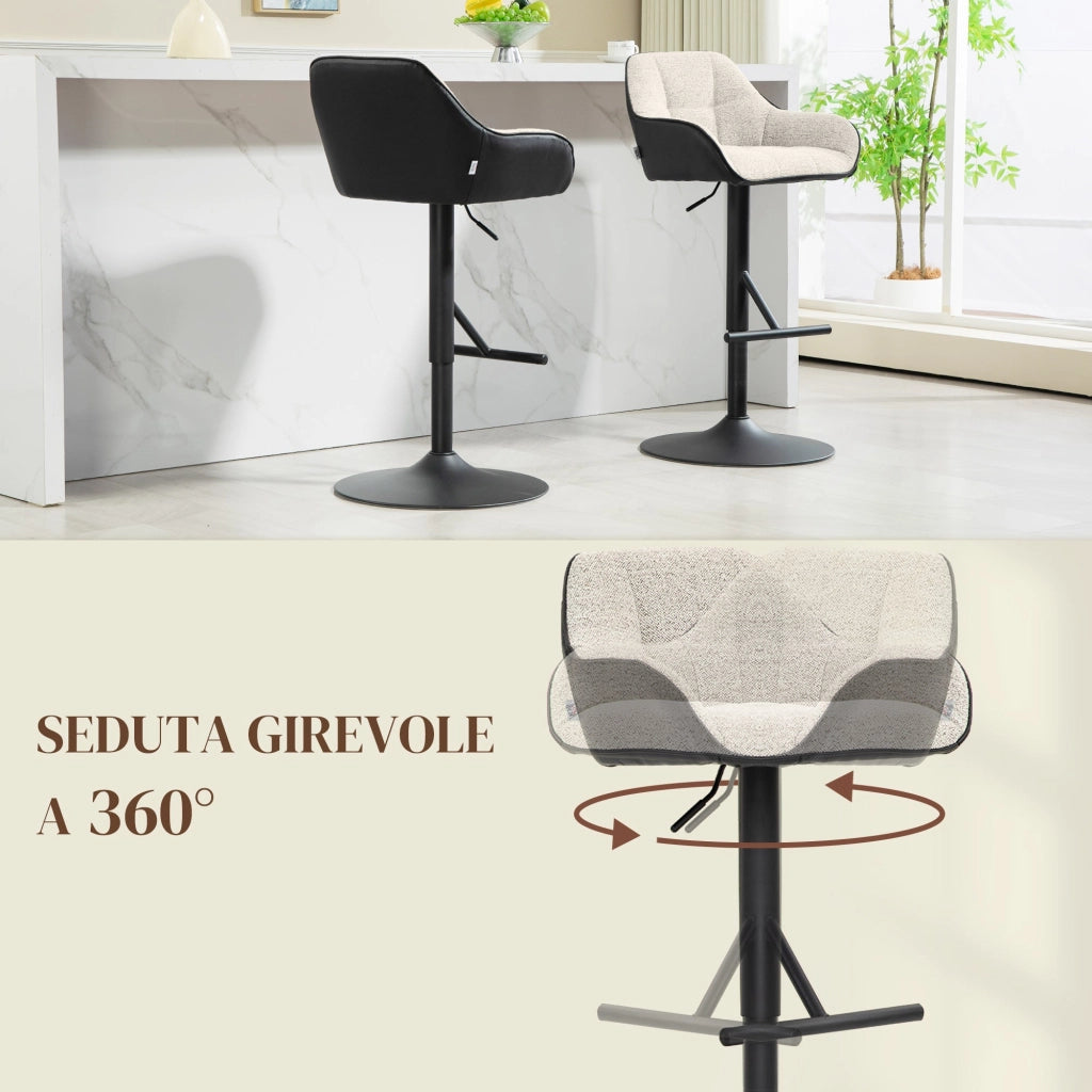 Set 2 Sgabelli Girevoli Imbottiti ad Altezza Regolabile con Schienale 52,5x53x86,5-108 cm Nero e Grigio Chiaro
