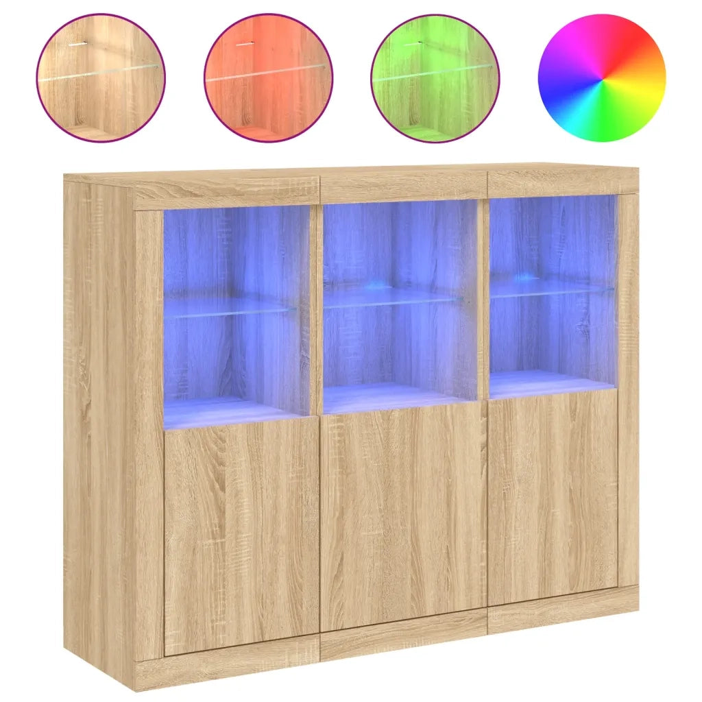 Credenze con Luci LED 3 pz | Madia | Buffet da pranzo | Armadio da pranzo Rovere Sonoma in Legno Multistrato
