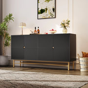 Credenza e madia con 4 ante e chiusura soft-close, dettagli dorati, per soggiorno, nera, 160 × 40 × 82 cm