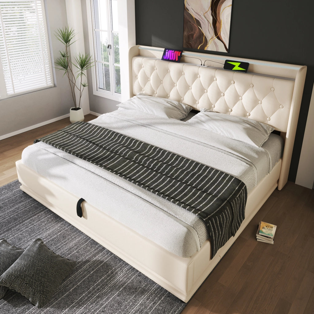 Letti contenitori 140x200 cm; LED 360° e USB Type-C; PU bianco (Senza materasso)