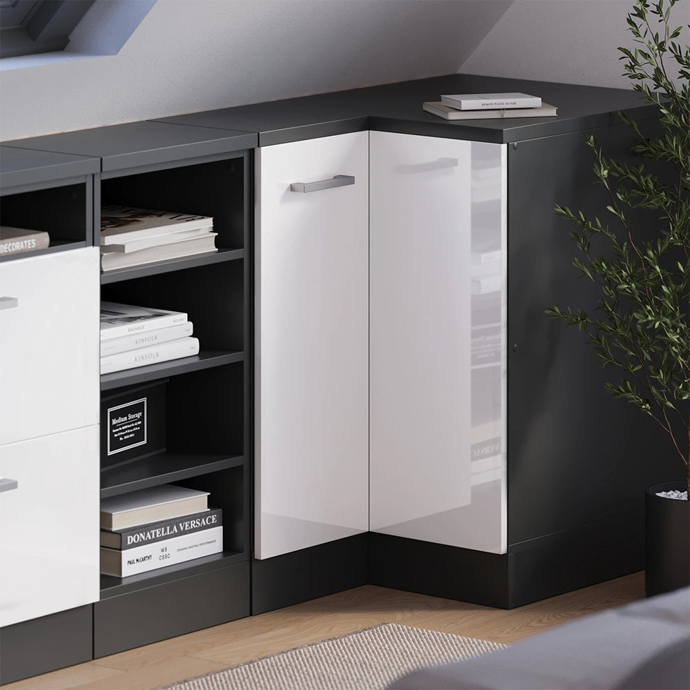 Mobile sottotetto Mobile angolare Rion Bianco lucido/Antracite 75.6 x 83.8 cm con 1 porta, carcassa dell’armadio profondità 60 cm Vicco