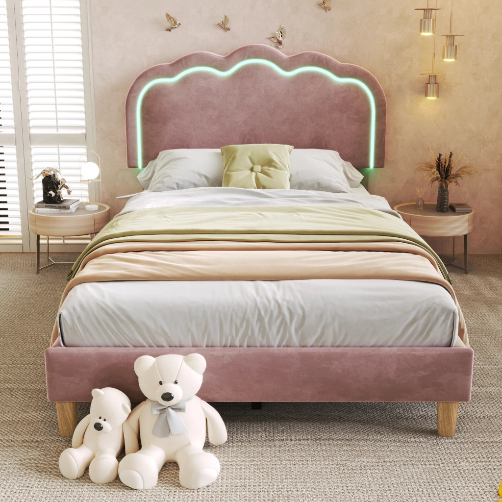 Letto Singolo 90 x 200 cm; Letto con Testiera Regolabile e LED; senza Materasso; in Velluto; Rosa