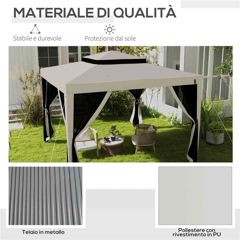 GAZEBO DA GIARDINO 3X3 M CON ZANZARIERA DOPPIO TETTO E 8 FORI IN ACCIAIO E POLIESTERE BIANCO CREMA