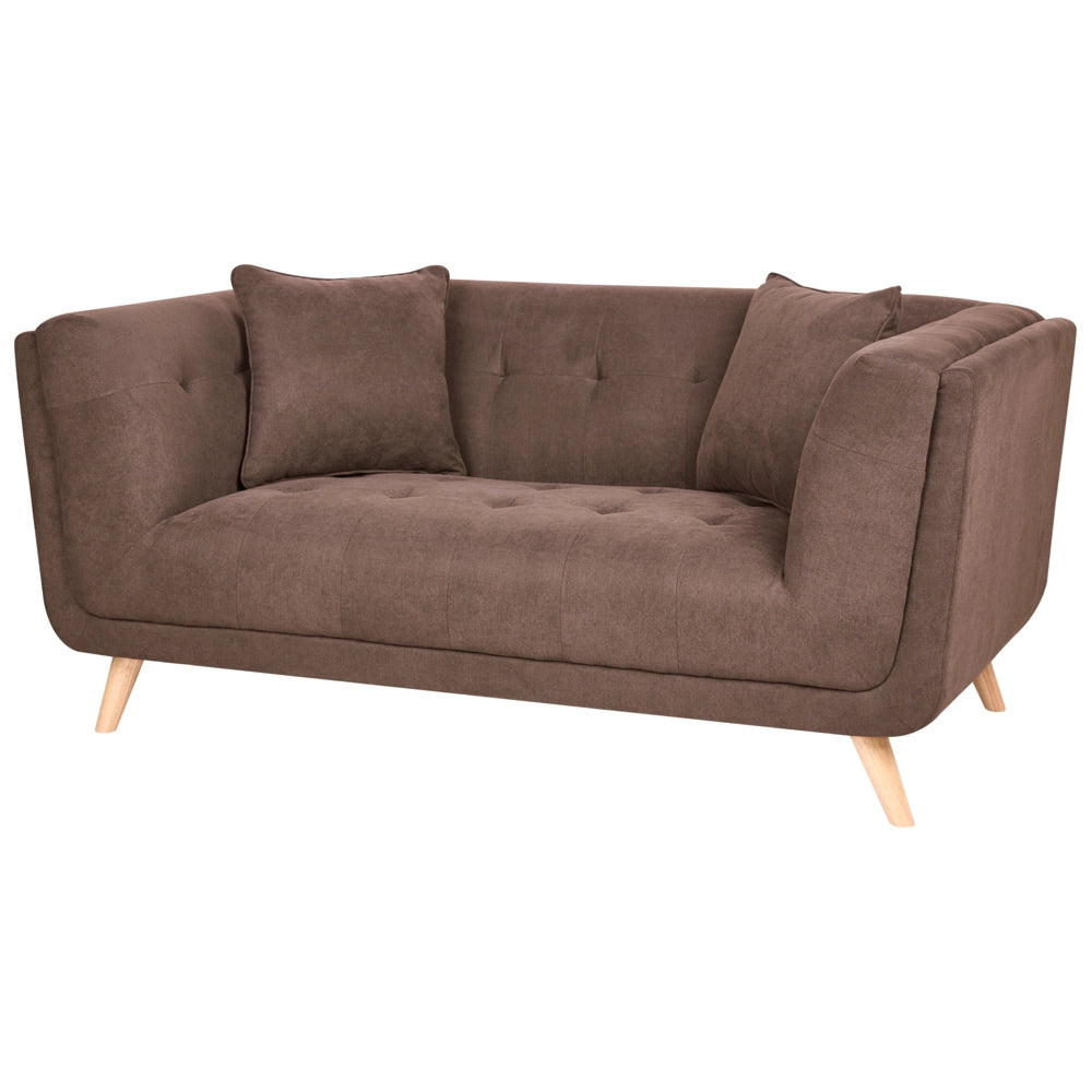 Divano a due posti in tessuto con poggiapiedi cuscini decorativi e gambe in legno trapuntatura decorativa stile retrò marrone scuro