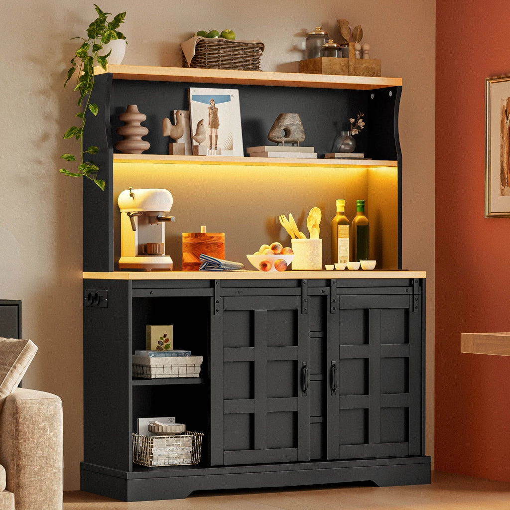 Mobile da cucina alto con LED RGB, prese USB, 4 cassetti e ante scorrevoli, 120x40x150 cm