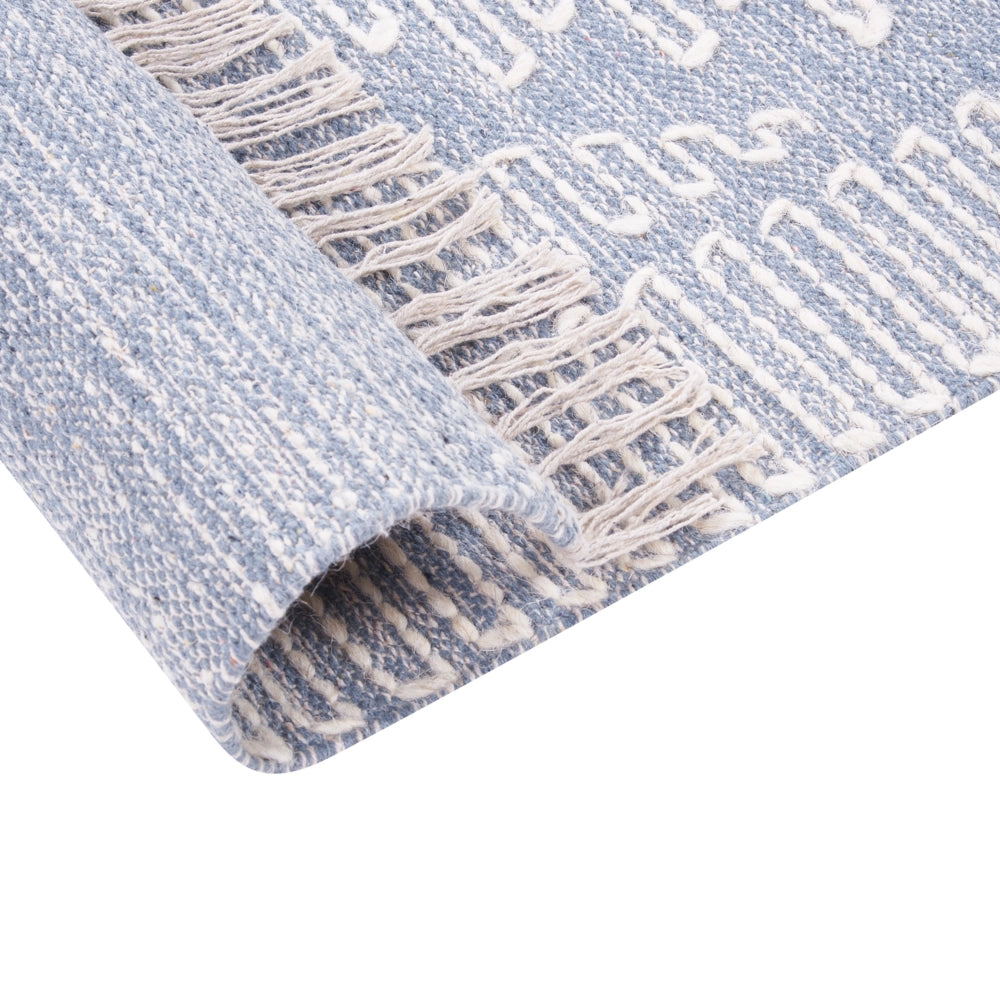 Tappeto in cotone e lana con nappe bianco blu 80 x 150 cm soggiorno camera da letto