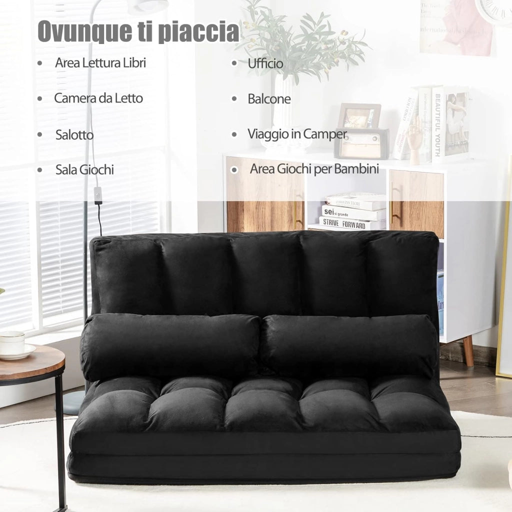 Divano Letto da Terra con 2 Cuscini, Divano Letto Pieghevole con Schienale Regolabile a 6 Livelli, Ideale per Camera da Letto e Soggiorno (Nero)