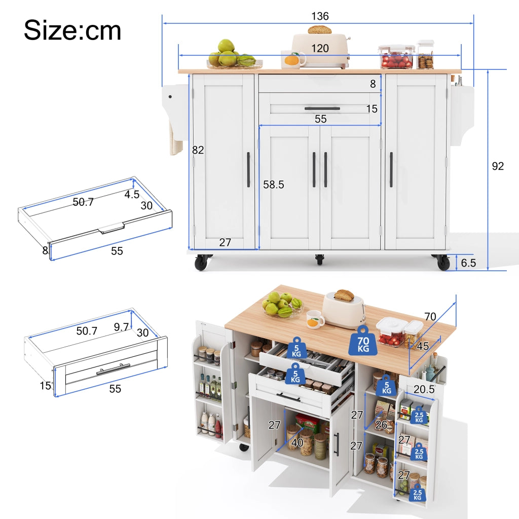 Carrello da Cucina con 4 Ante; 2 Cassetti; Ripiani Regolabili; Portasciugamani e Portaspezie; in MDF; Bianco e Naturale; 136 x 70 x 92 cm