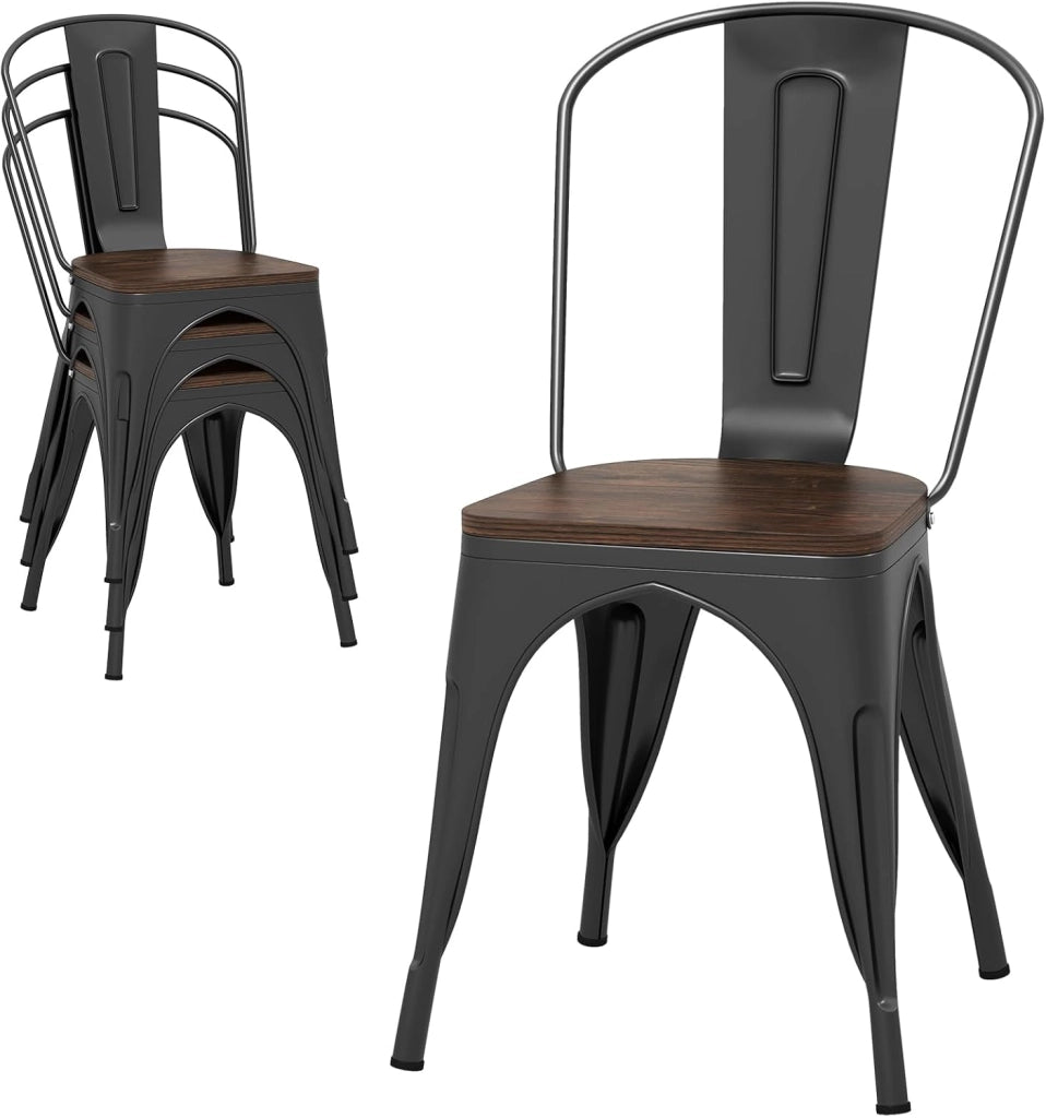 Set di 4 Sedie da Pranzo Impilabili 53 x 44,5 x84 cm, Sedie da Bar con Schienale Alto, Struttura in Legno e Acciaio, Ideale per Balcone, Cortile e Ristorante (Bronzo)
