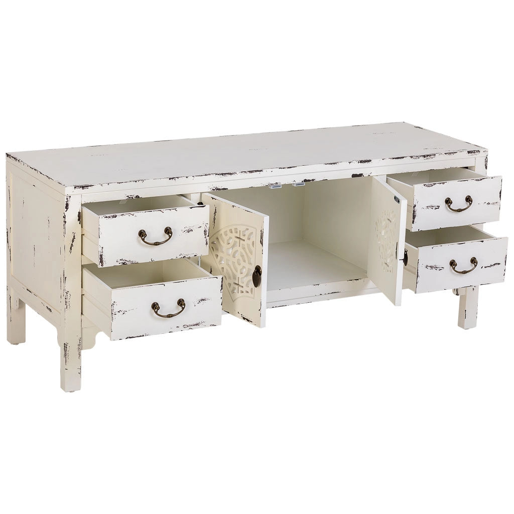 Mobile basso in legno laccato bianco, 4 cassetti 2 porte 120x40x50h cm
