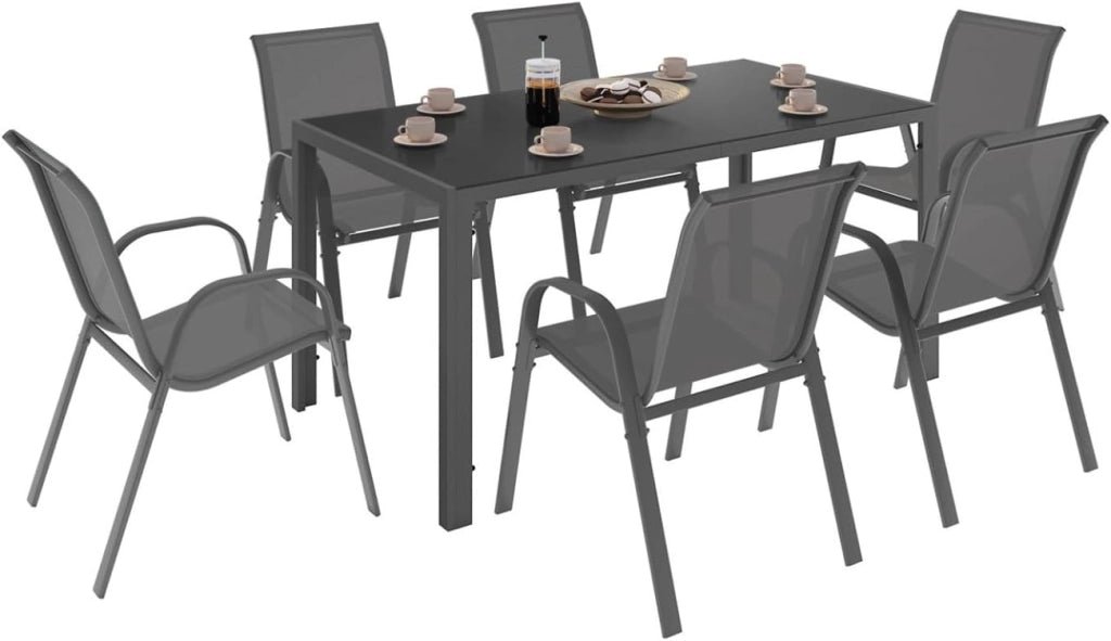 Set di mobili da Giardino Madrid Tavolo 150 CM e 6 sedie impilabili Grigio Antracite