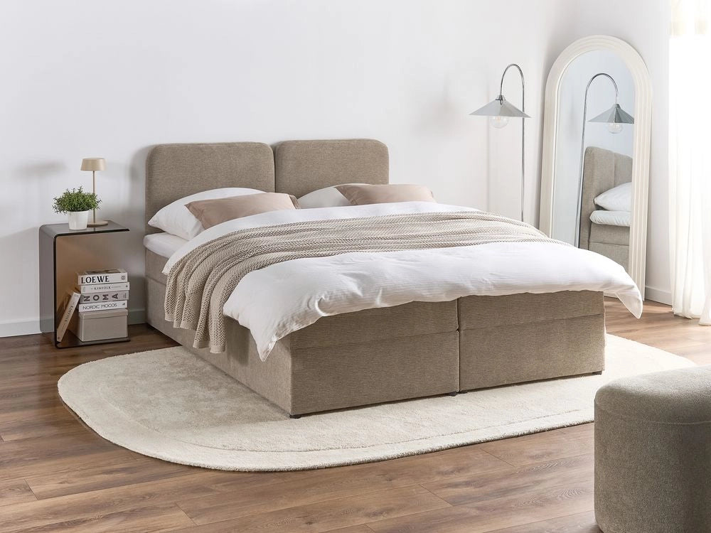 Letto matrimoniale con contenitore rivestito in tessuto beige chiaro 160 x 200 cm contenitore sollevabile con testiera idrorepellente