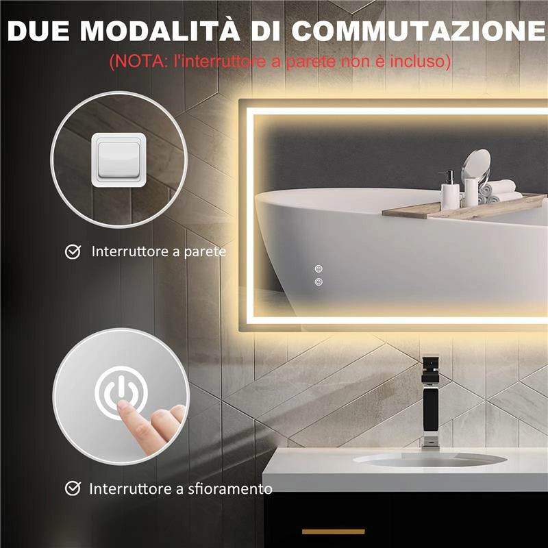 SPECCHIO PER BAGNO CON LUCI LED REGOLABILI A 3 COLORI E STRATO ANTIURTO IN VETRO E METALLO 100X3X60 CM