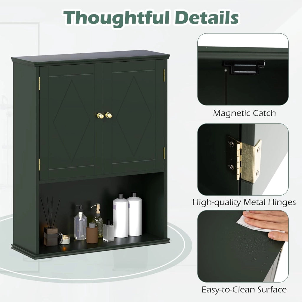 Mobile da Bagno, Armadietto a 2 Ante con Ripiano Regolabile, Armadio da Parete con Mensola Semi-aperta per Asciugamani, Prodotti per la Cura della Pelle e Articoli da Bagno (Verde)