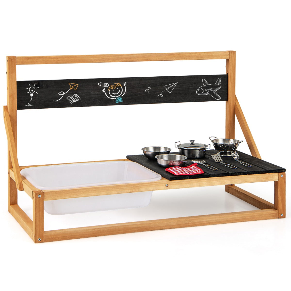 Cucina da gioco da parete/tavolo cucina in legno di abete con ganci, Set da gioco cucina outdoor per bambini 3+ anni Nero + Naturale-Cucine giocattoli