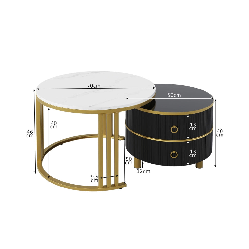 Set di 2 tavolini rotondi da salotto neri e oro con 2 cassetti