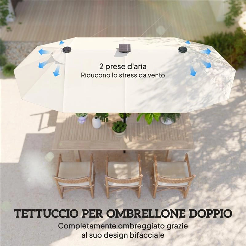 OMBRELLONE DOPPIO CON LUCI LED E MANOVELLA, IN POLIESTERE E ACCIAIO, 2.92X1.5X2.2 M, BEIGE