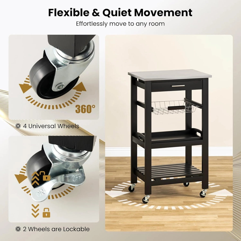 Carrello da Cucina a Rotelle con Mensole, Cassetto, Carrello di Servizio, Stile Moderno per Cucina e Soggiorno, 47x39x85 cm, Bianco/Nero (Nero)