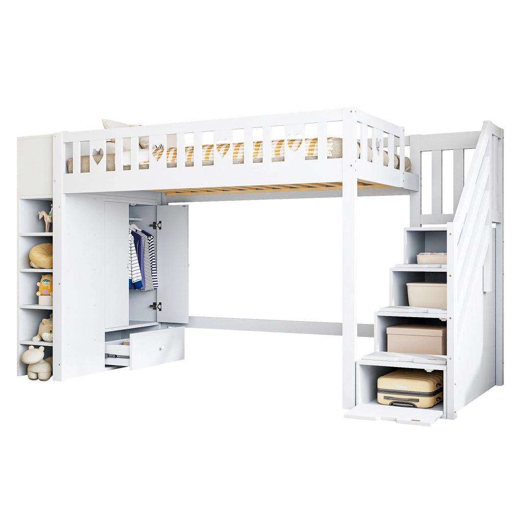Hochbett 90x200 cm con scala contenitore; ripiani e armadi pieghevoli; bianco