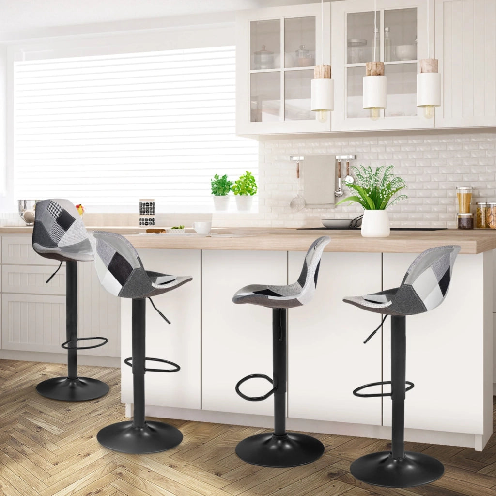 IDMarket - Lote de 4 taburetes de bar KARL patchwork negro, gris y blanco con patas negras