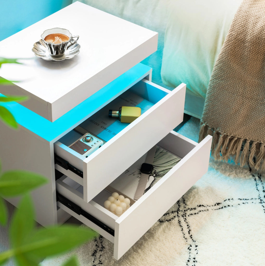 Comodino Moderno Bianco con Luci LED Regolabili e 2 Cassetti per Camera da Letto