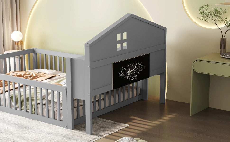 Letto per bambini grigio in legno massello con funzione casa 140x200 cm