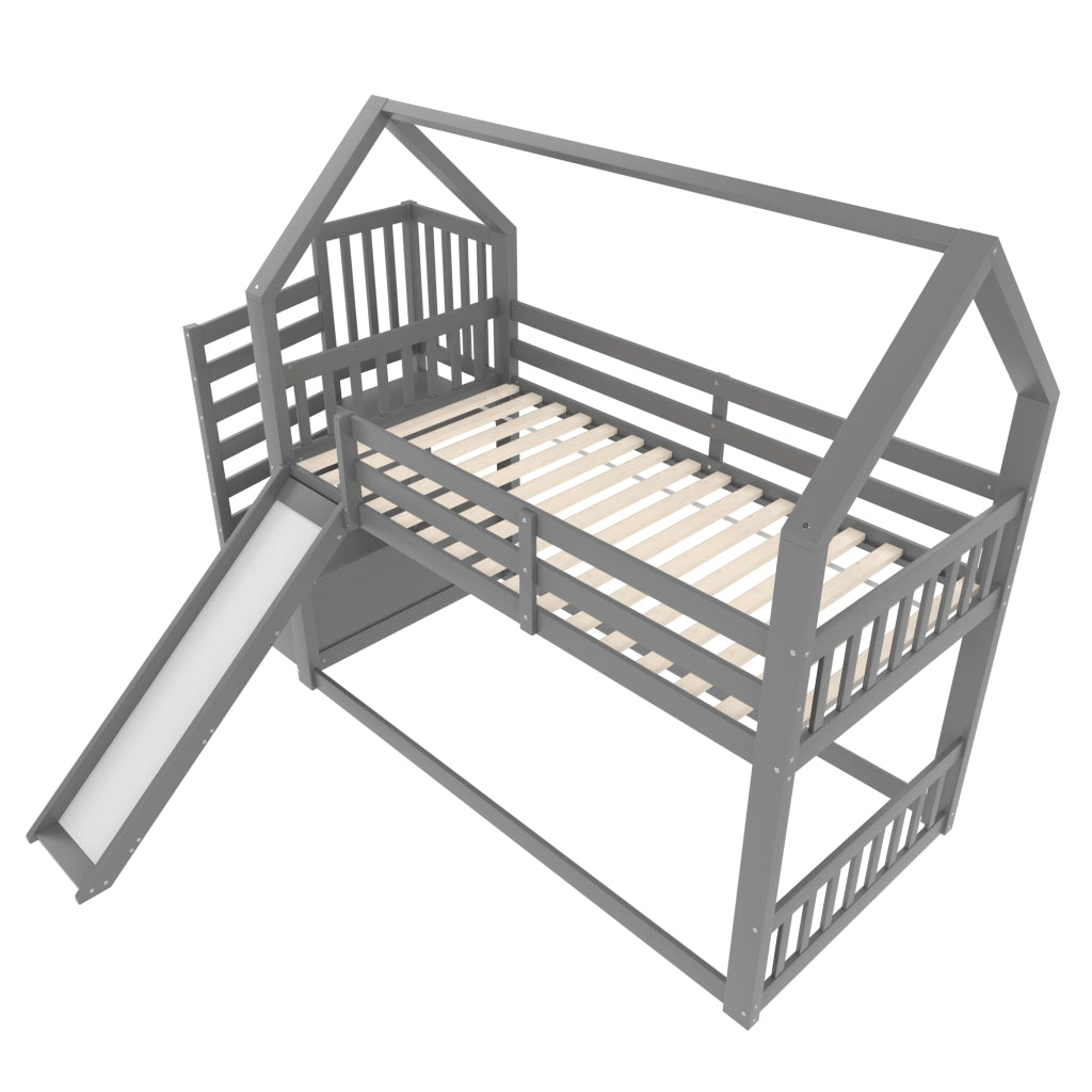 OKWISH Letto a Castello 90×200 cm, Letto Singolo con Scala con Vani, Scivolo e Spondine, senza Materasso, Grigio