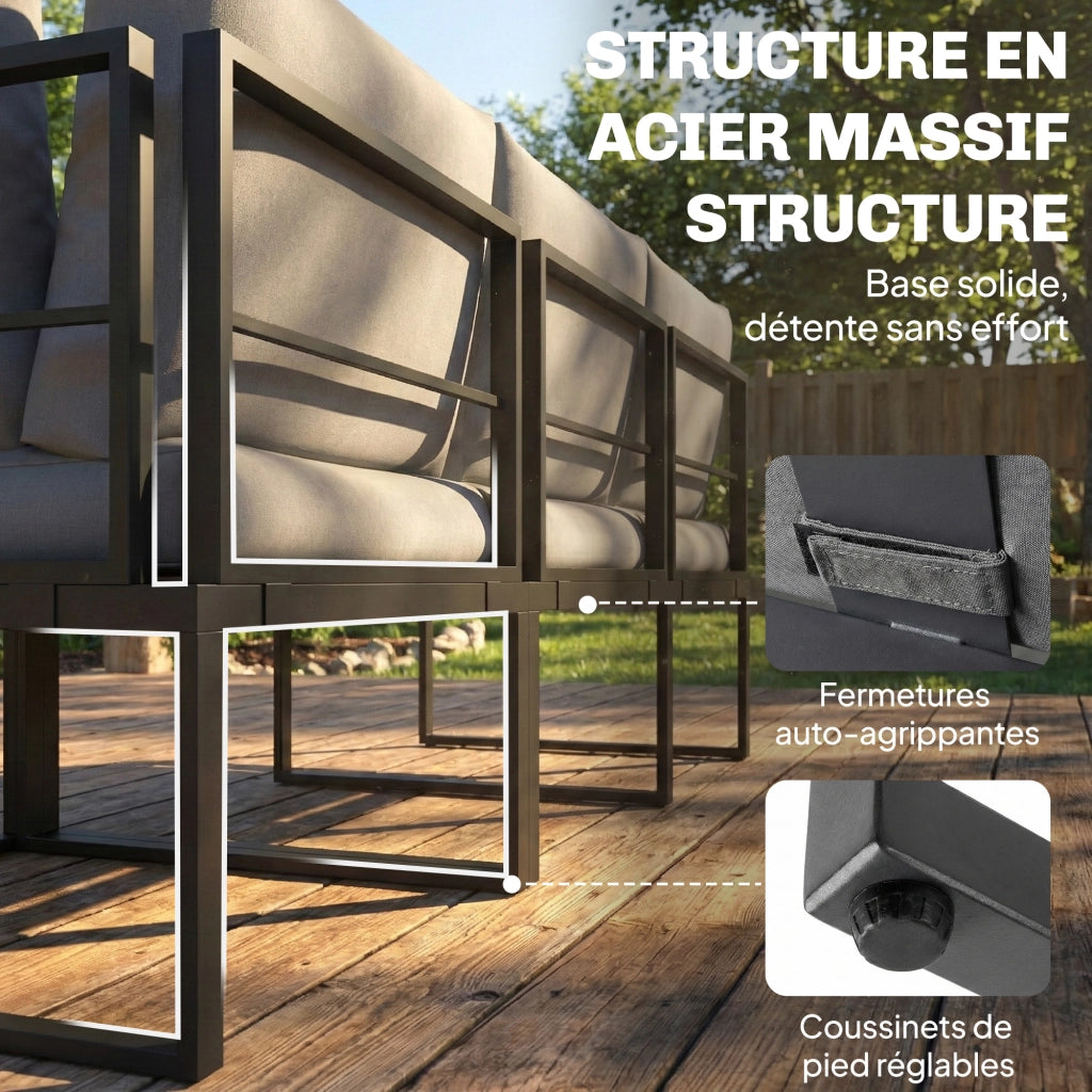 Set da giardino 6 posti con tavolo e divano modulabile ¨C zephmum ¨C cuscini grigi 10cm, legno