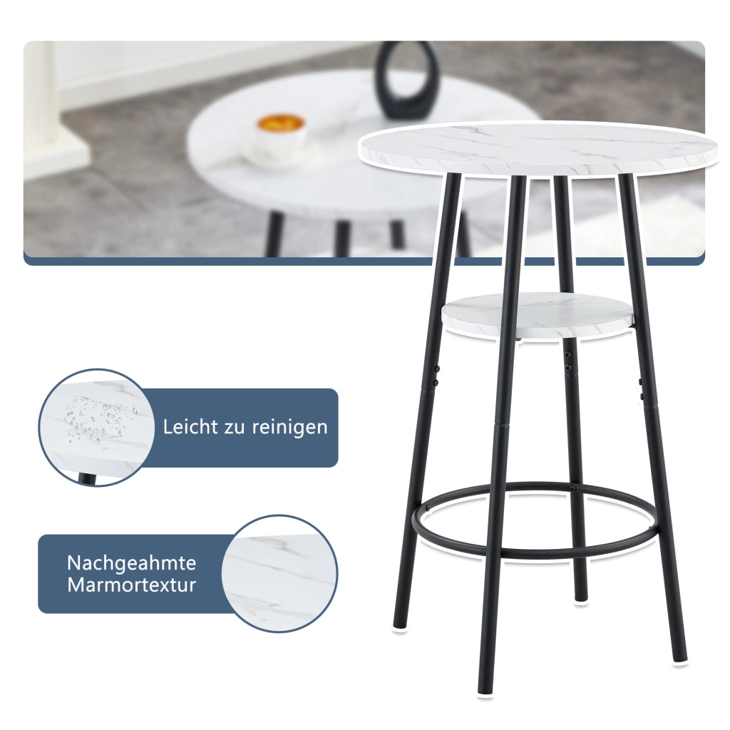Tavolo da bar con doppio ripiano, effetto marmo bianco e struttura in metallo nero, per cucina e soggiorno, 60 × 89 cm