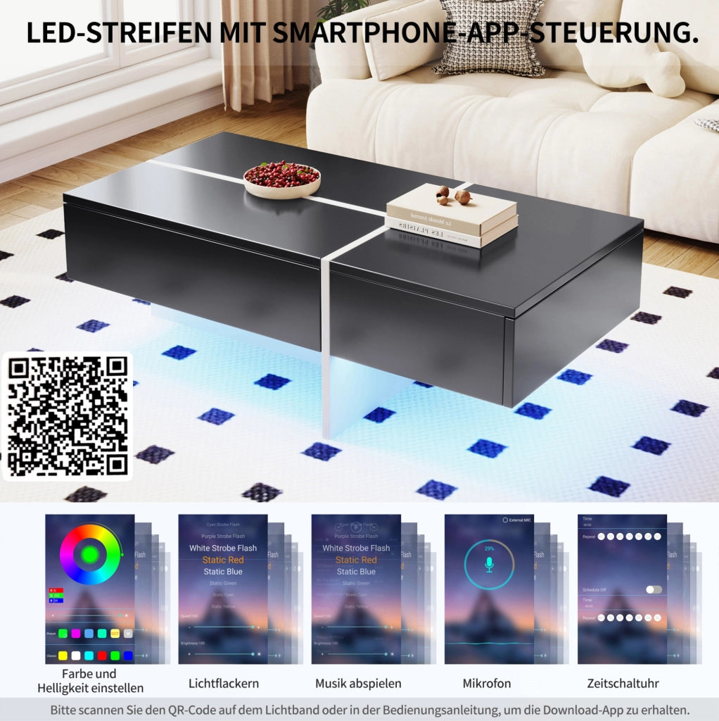 Tavolino da caffè nero lucido con LED e 3 cassetti