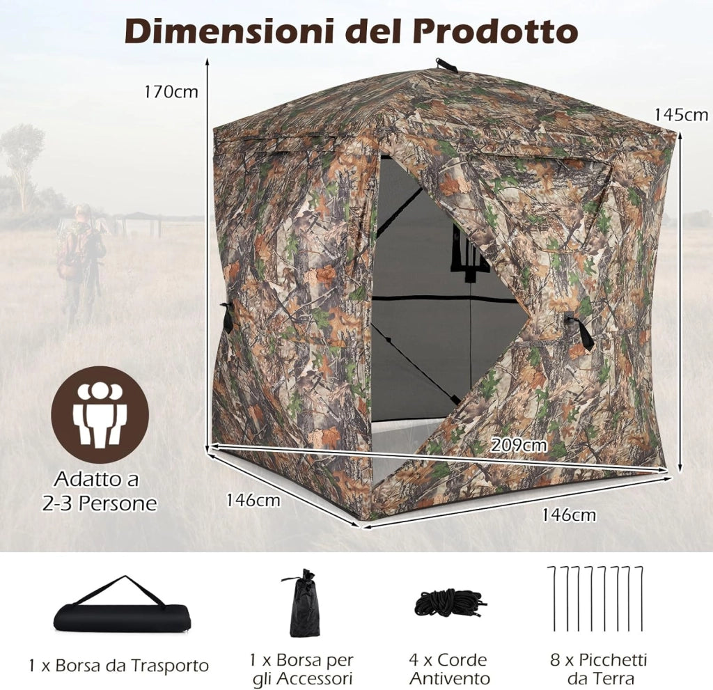 Tenda da Caccia per 2-3 Persone, Tenda Mimetica a 270° per Caccia, Tenda Pop-Up Camouflage con Porta Magnetica Silenziosa, 4 Finestre e Borsa da Trasporto, 146 x 146 x 170 cm