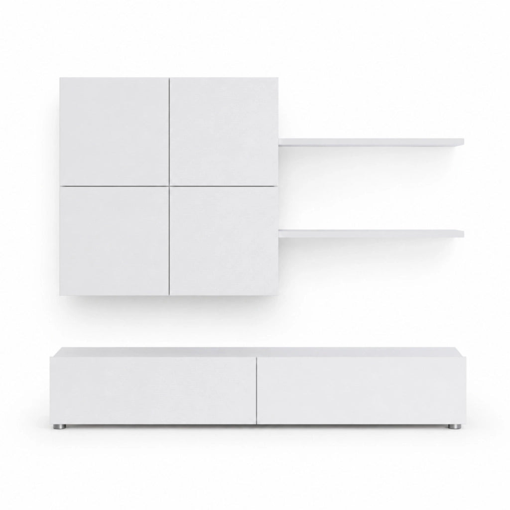 Mobile Soggiorno Parete Attrezzata Con Base TV 2 Ante Pensile 4 Ante E 2 Mensole Design Contemporaneo In Melaminico Facile Da Pulire 200 X 194 X 40 Cm Bianco Effetto Legno