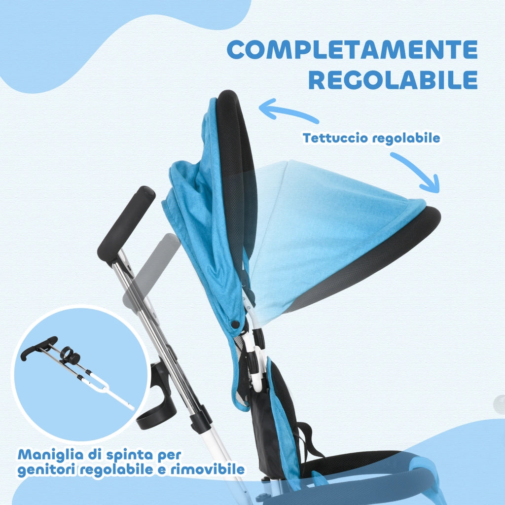 Triciclo Passeggino per Bambini con Maniglione 95x50x106 cm con Cintura di Sicurezza Blu