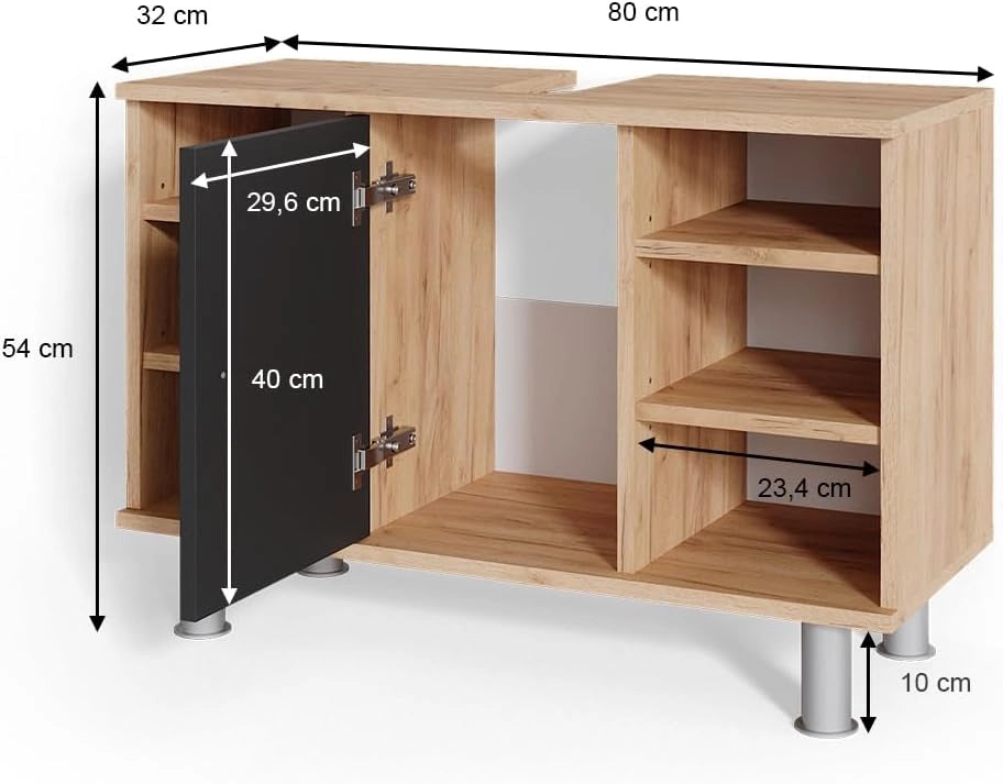 Mobiletto per lavabo Fynn, Antracite, 80 x 54 cm, per la conservazione in bagno con ritaglio per sifone