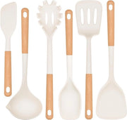 Set di utensili da cucina con supporto - rivestimento antiaderente - resistente al calore - cottura - bianco - 6 pezzi.