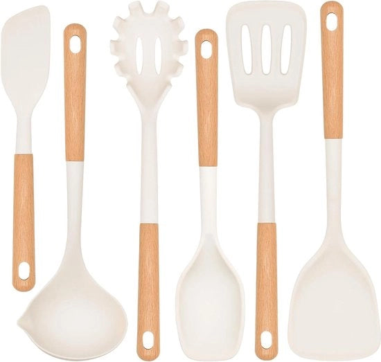 Set di utensili da cucina con supporto - rivestimento antiaderente - resistente al calore - cottura - bianco - 6 pezzi.