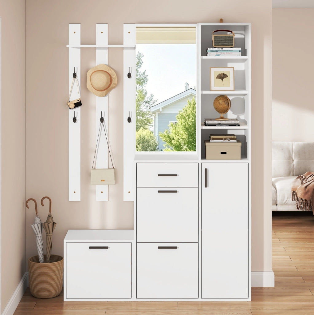 Mobile da ingresso con scarpiera; specchio e appendiabiti 120x30x178 cm in MDF e truciolare bianco