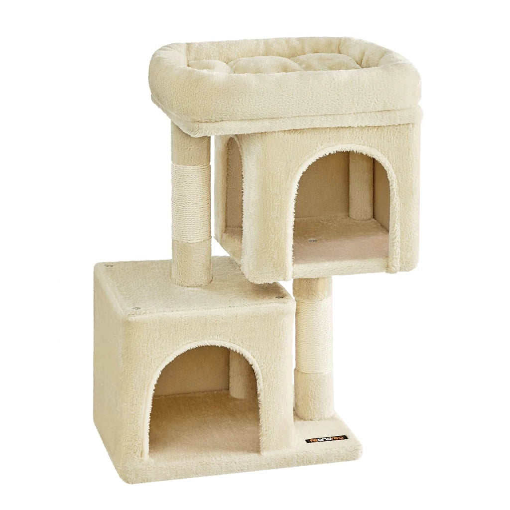 Tiragraffi per gatti torre da gioco 67 cm casetta per gattini fino a 3 kg grande piattaforma 2 nicchie tiragraffi grigio beige 12_0003898