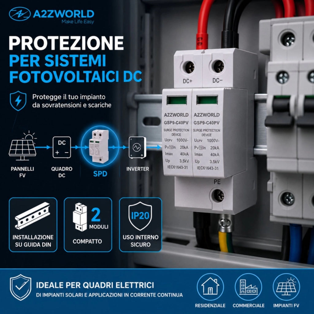 A2ZWORLD SPD Scaricatore di Sovratensione DC 1000V 2P 2M 40kA IP20