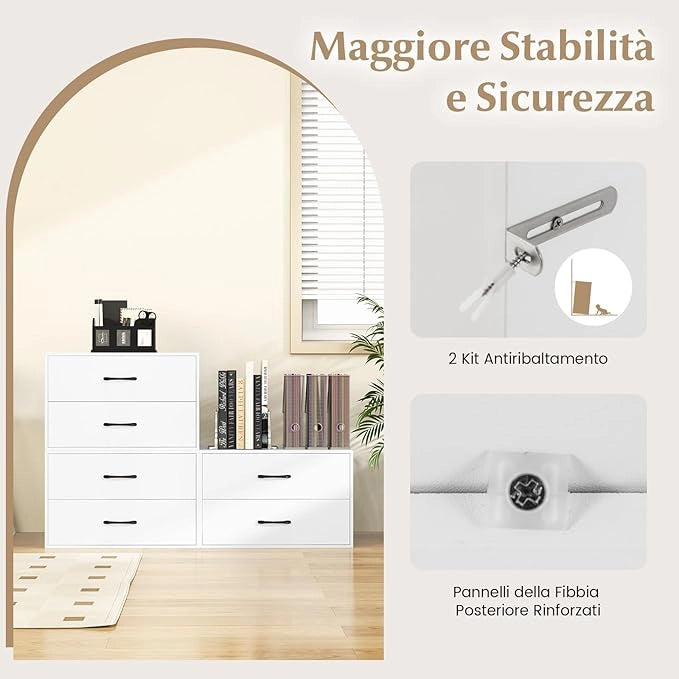 Organizzatore di Stoccaggio Impilabile con 2 Cassetti, Mobile Orizzontale con Kit Anti-Ribaltamento, Comò Multiuso per Soggiorno Studio Ufficio, 60x34x38 cm (Bianco)