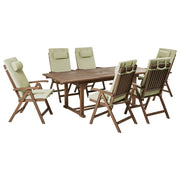 Set da giardino con 6 sedie in legno di acacia marrone scuro con cuscini verde in stile rustico con cuscini