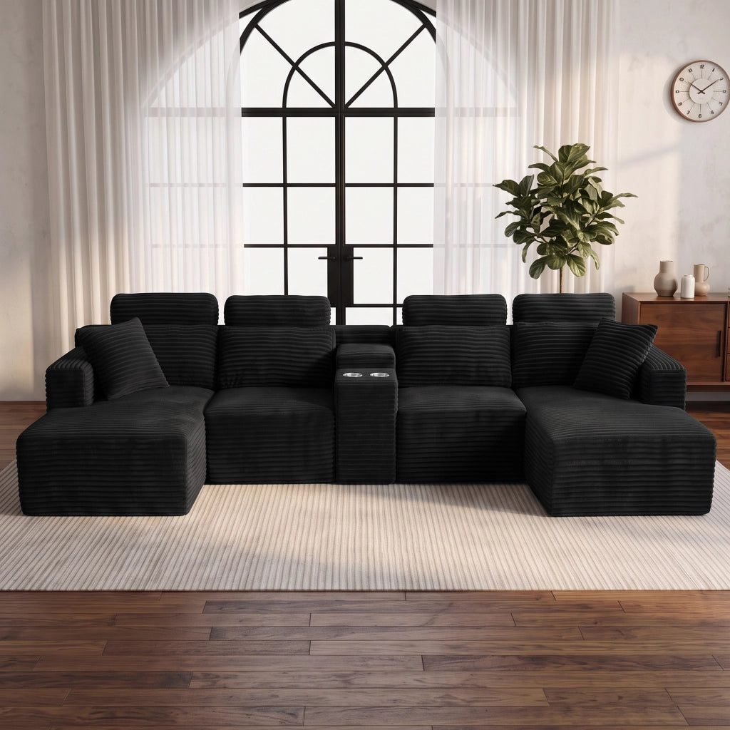 Divano modulare a U 372.0x151.0x80.0 cm con doppi portabicchieri in schiuma nero