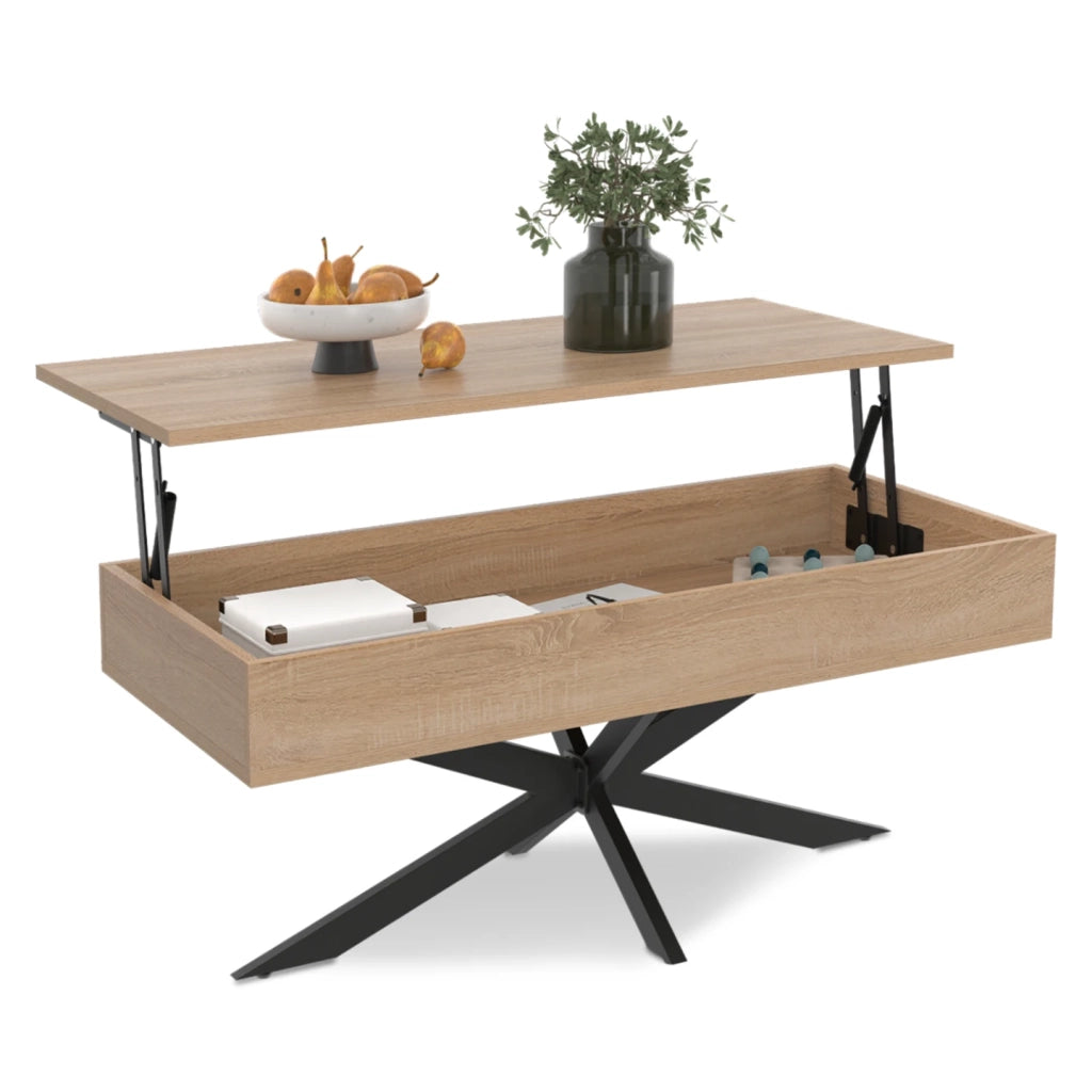 IDMarket - Tavolino rettangolare ALIX da 100 cm con piano sollevabile e gambe a ragno in legno e nero