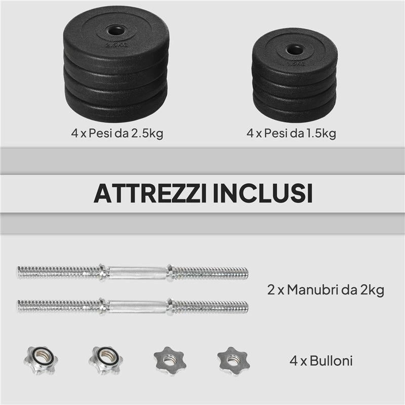 SET MANUBRI PESI 20 KG (4X2.5 KG, 4X1.5 KG) CON 8 DISCHI E 2 MANUBRI DA 2 KG, 43X18X7.5 CM, NERO