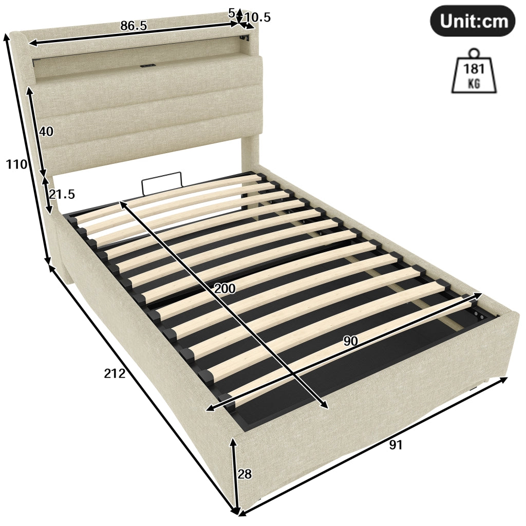 Letto imbottito 90x200 LED idraulico USB/Type-C lino beige