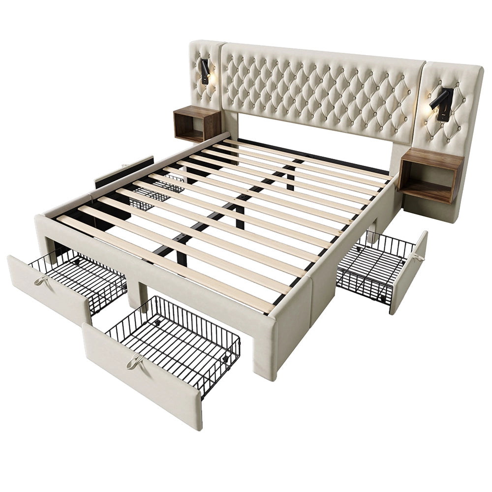 Letto con contenitore - Xylo - 160x200 cm - Beige - 2 comodini, 4 cassetti, USB