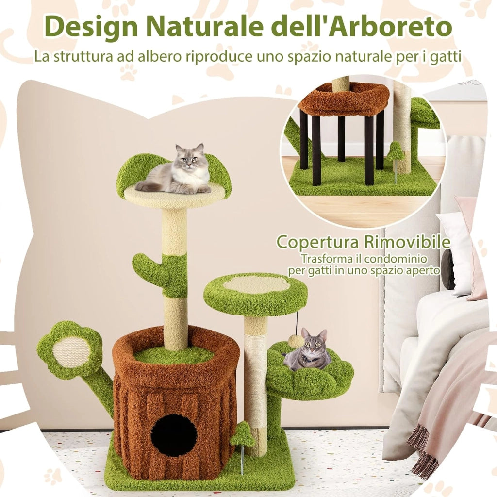 Albero per Gatti, Albero Tiragraffi per Gatto con Condominio Tronco, Trespolo a Fiore, Letto Imbottito, Pompom, Giocattolo a Molla e Piattaforme, Tiragraffi per Gatti da Interno