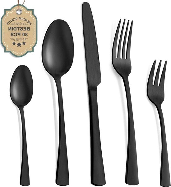 Set da cucina per 6 persone in acciaio inox a finitura satinata nera - Fork, coltello, cucchiaio - Resistente al lavastoviglie.